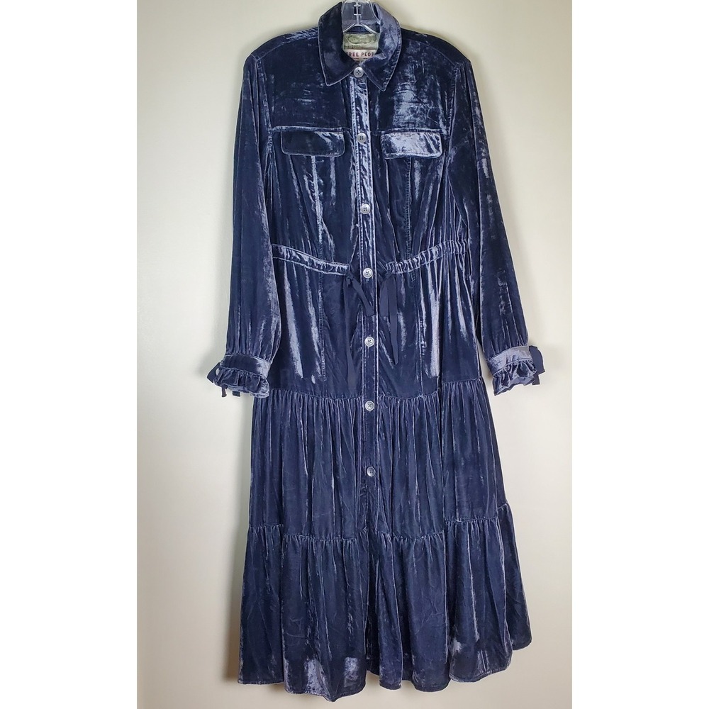 Free People Bella Donna Velvet Duster Maxi Dress Navy Blue XS Boho Victorian